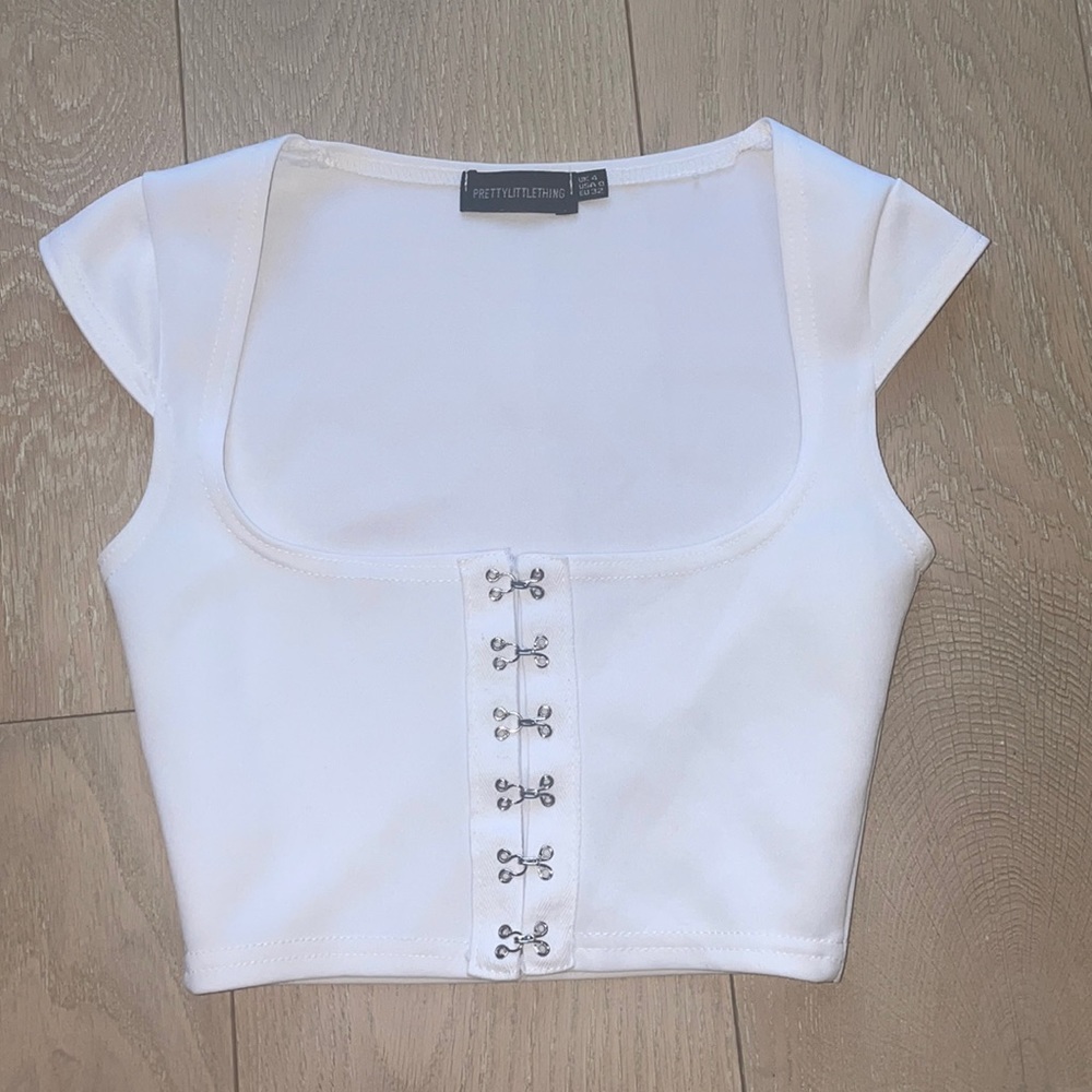 PrettyLittle Thing white crop top with clasps